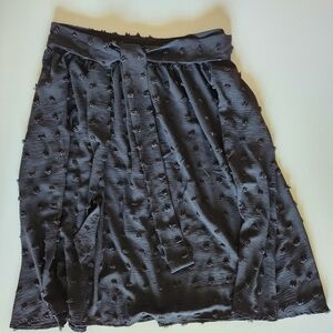 Black Textured Flowy Midi Skirt with Waist Tie